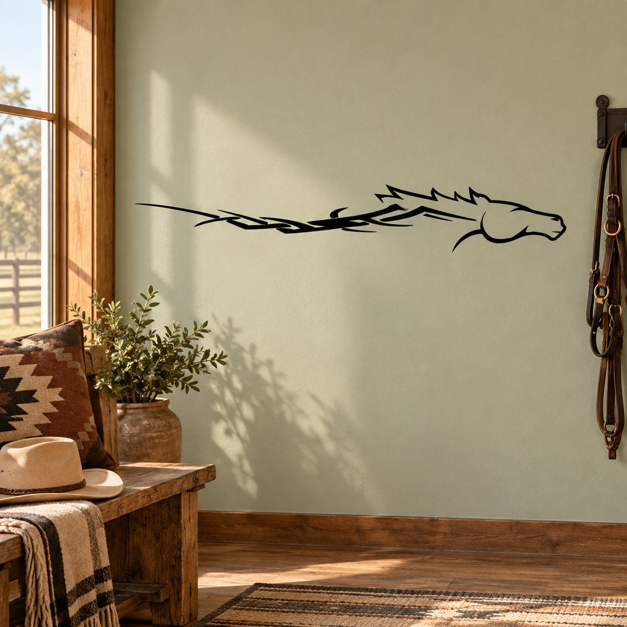 Tribal horse head wall decal with sleek line-art silhouette, black and gray