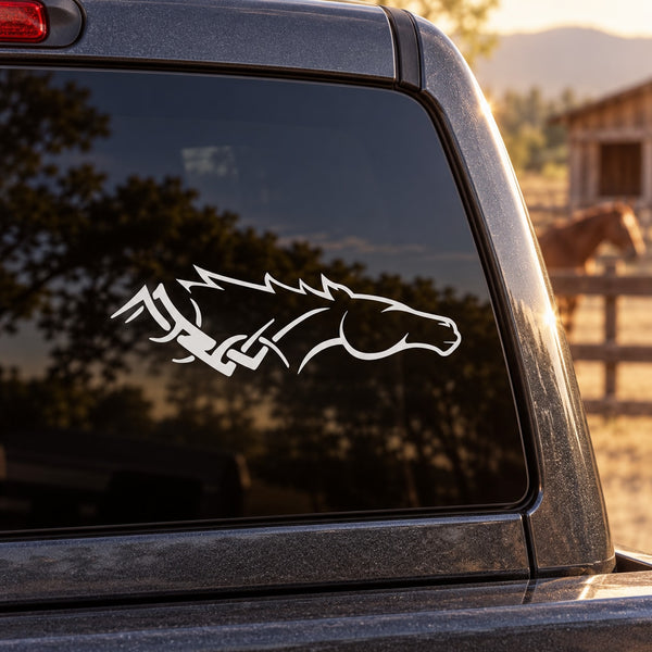 Tribal horse head graphic decal in white, applied to car window