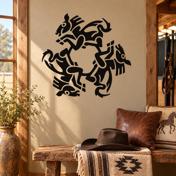 Interlocking running horse decal, black graphic silhouette on a light wall