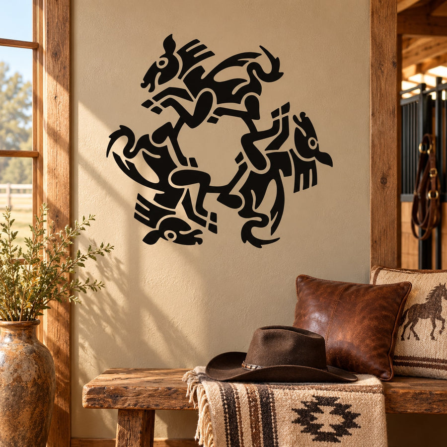 Interlocking running horse decal, black graphic silhouette on a light wall