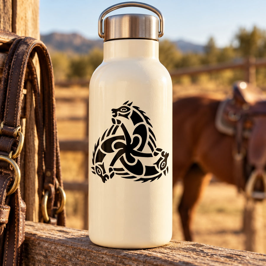 White bottle with black interlocking horse head decal on front