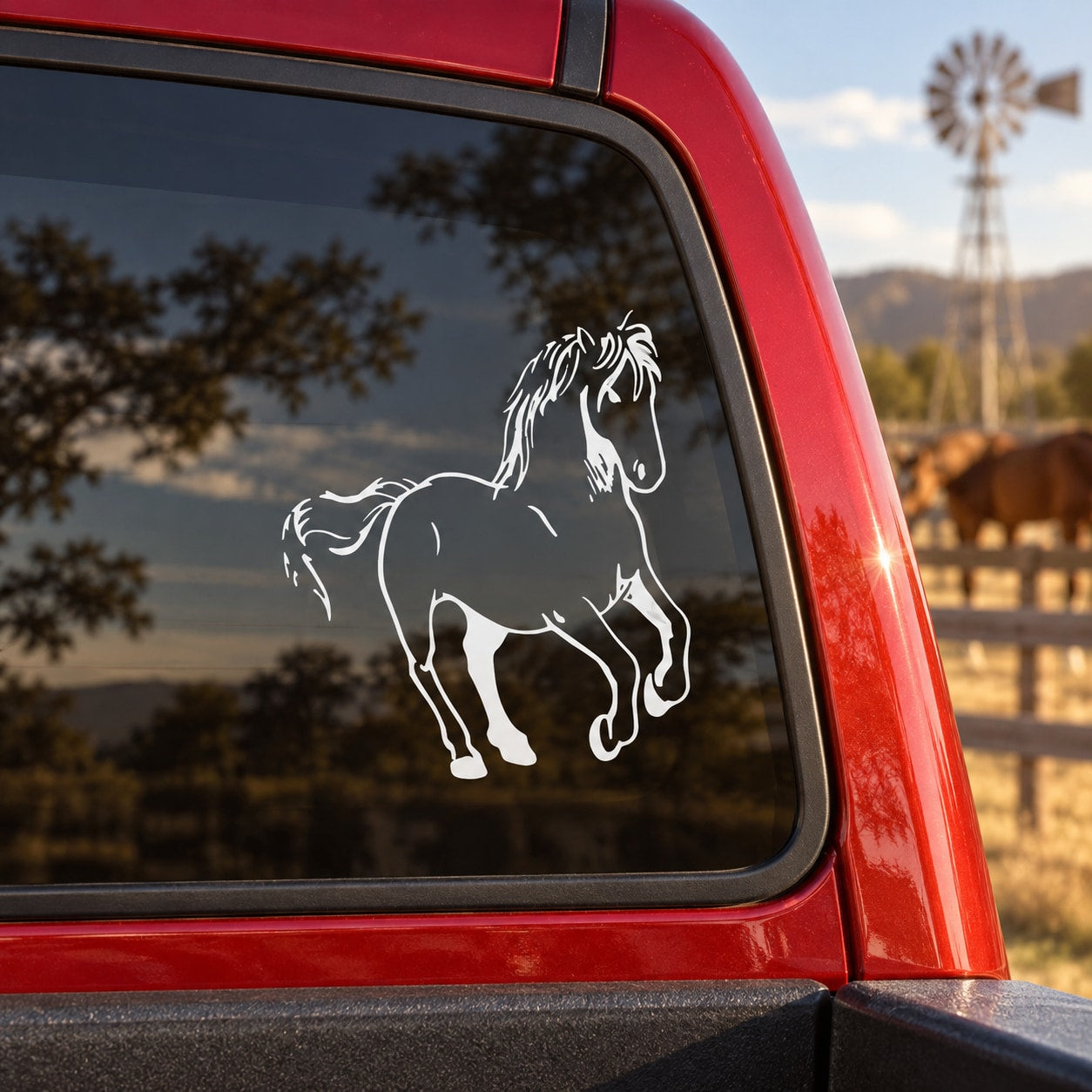 Striding horse decal with white outline design on dark car window glass