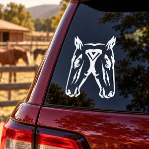 Symmetrical double horse head decal, white outline on dark car window