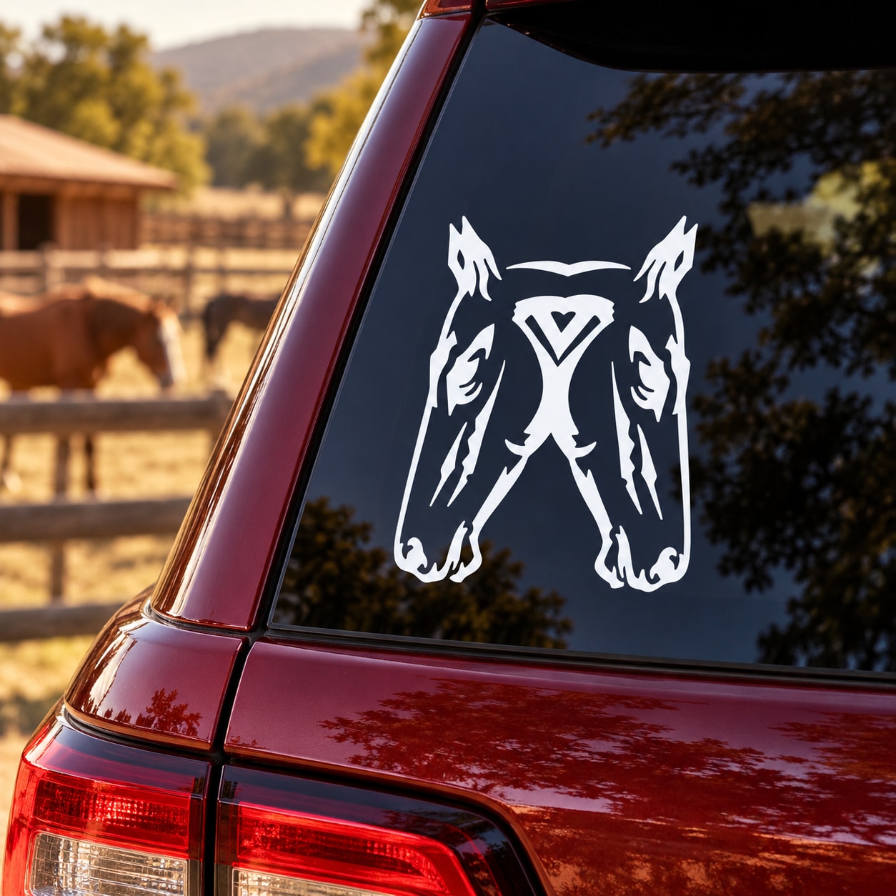 Symmetrical double horse head decal, white outline on dark car window