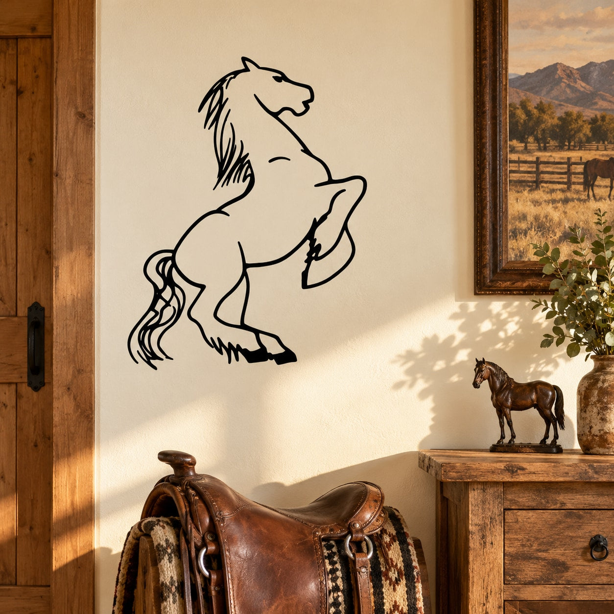 Rearing horse line-art decal with black outline
