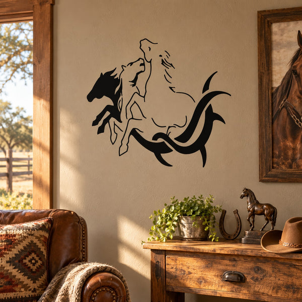 Black tribal-style horse wall decal with flowing lines and stylized mane