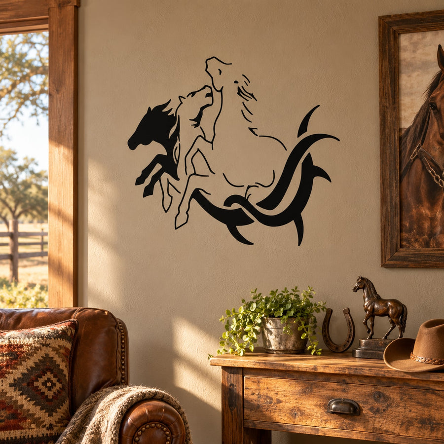 Black tribal-style horse wall decal with flowing lines and stylized mane