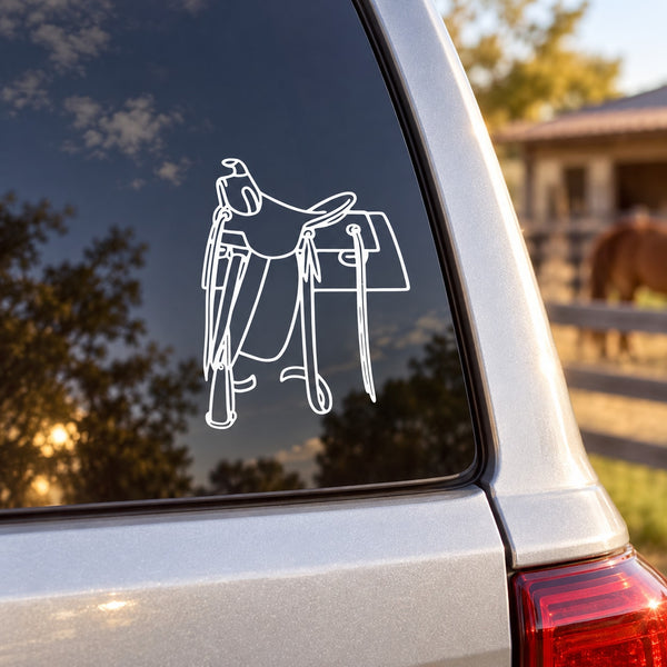 Horse saddle decal with white line-art illustration on a dark car window