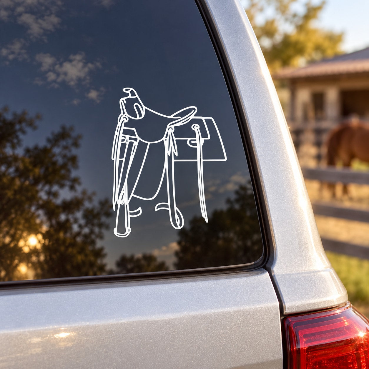 Horse saddle decal with white line-art illustration on a dark car window