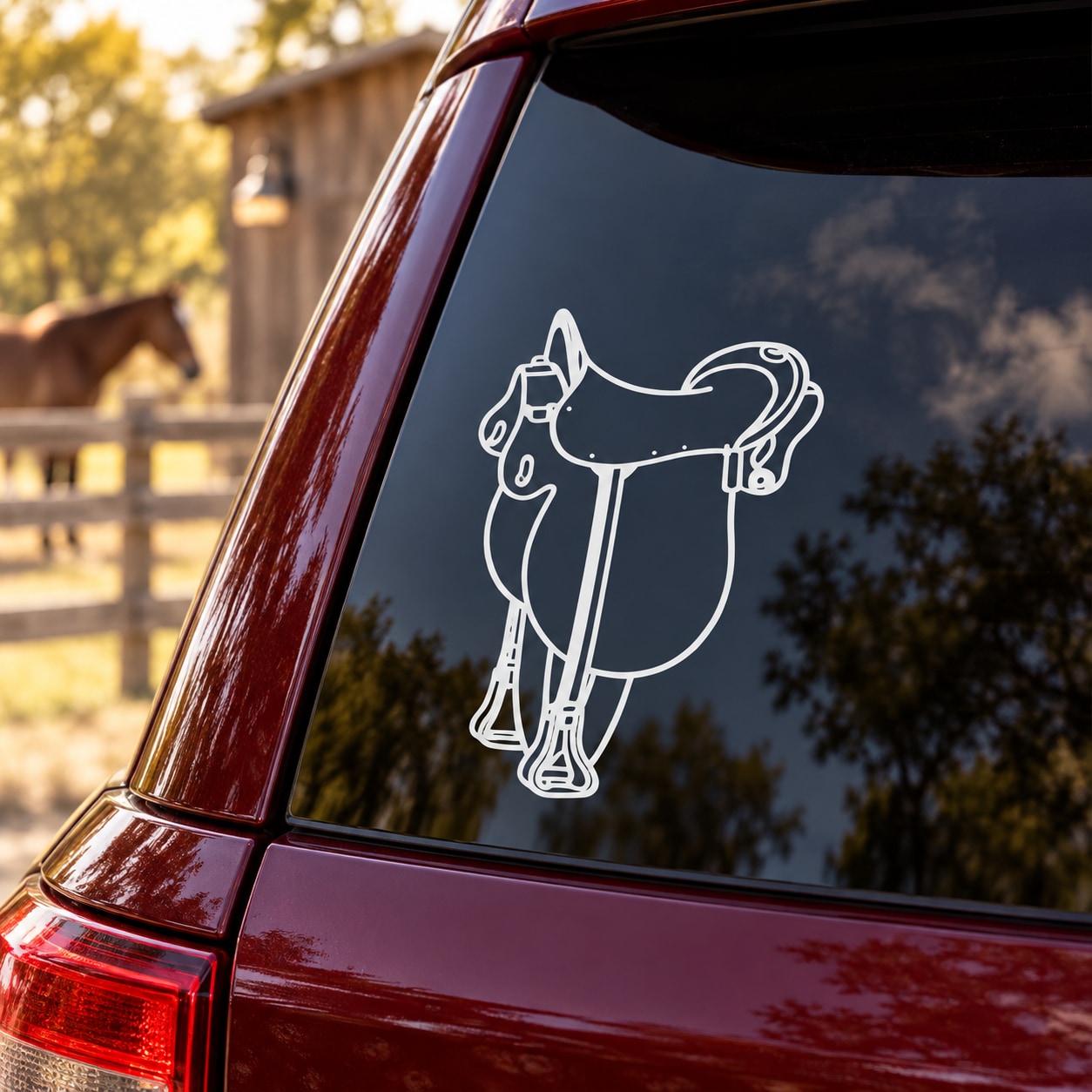 White line-art horse with saddle decal