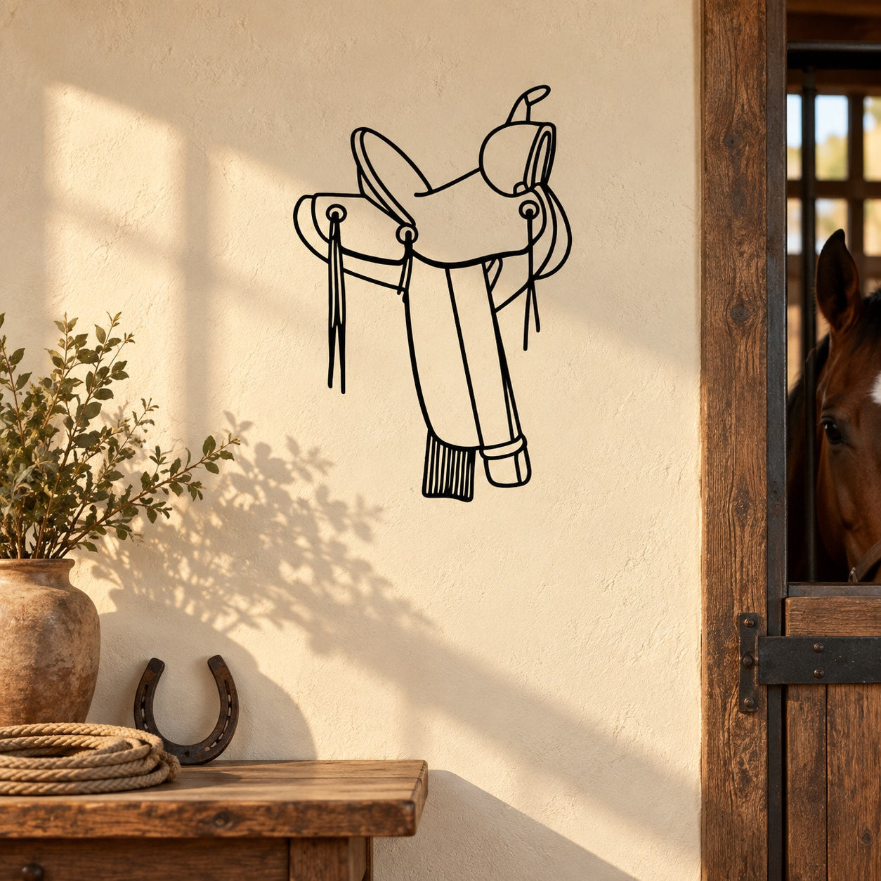Horse jumping saddle decal, black line-art horse and saddle on white surface