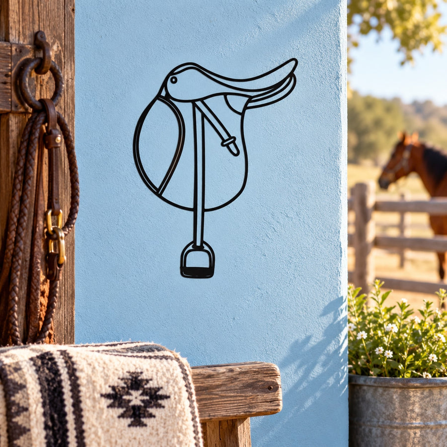 Black outline horse jumping saddle decal icon