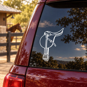 Horse jumping saddle decal, white line art on dark surface
