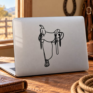 Black line-drawn horse saddle decal graphic