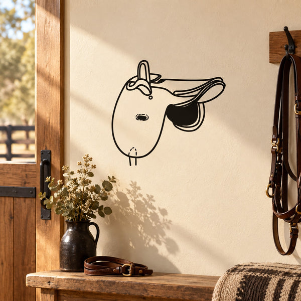 Horse saddle decal with black outline horse head on light surface
