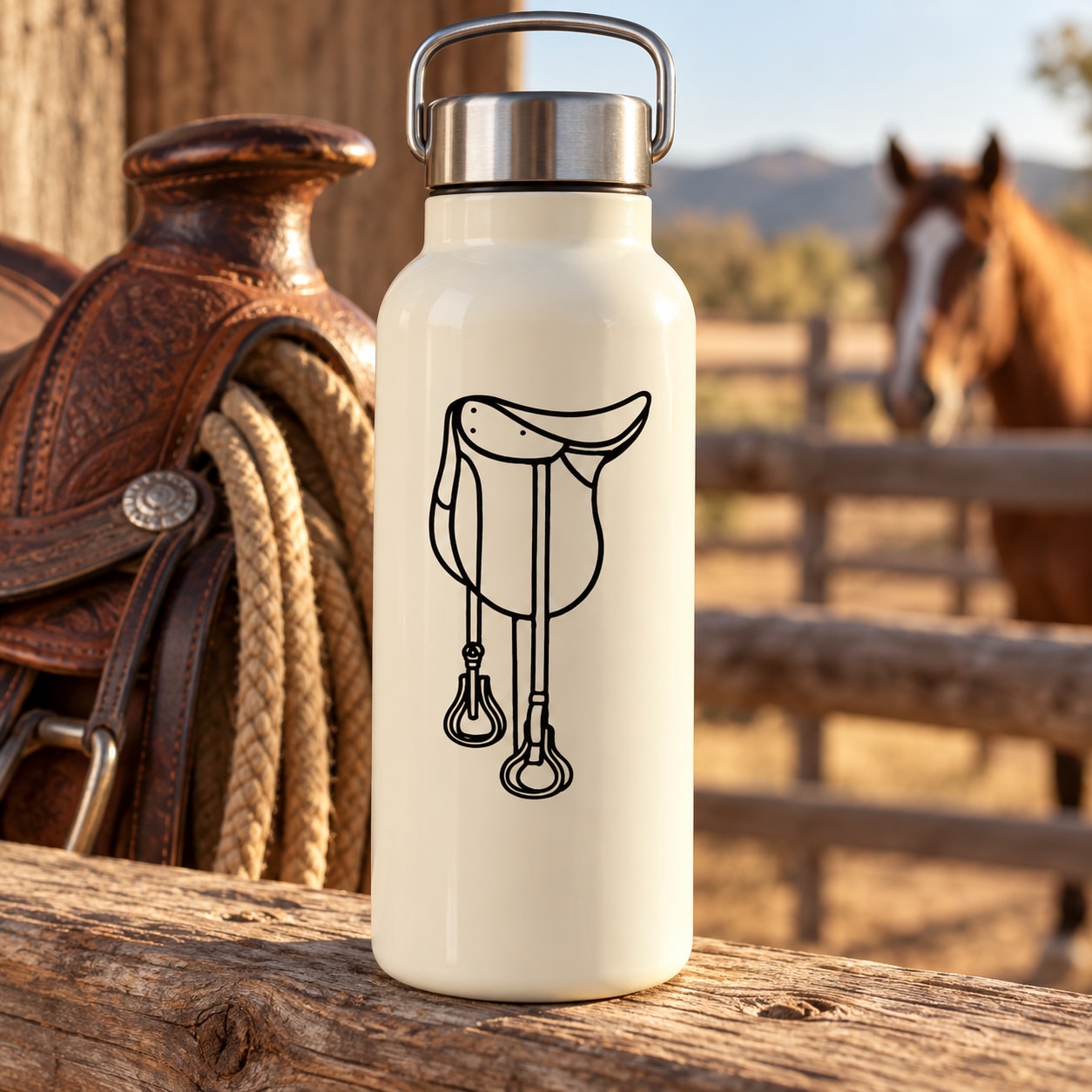 Horse saddle line-art decal in black outline on a white background