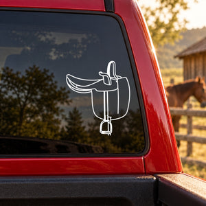 Horse saddle decal with white outline on car window