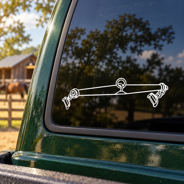 White line-art horse sling decal on car window