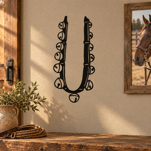 Horse bell decal: black ornate horseshoe with bell and scroll design