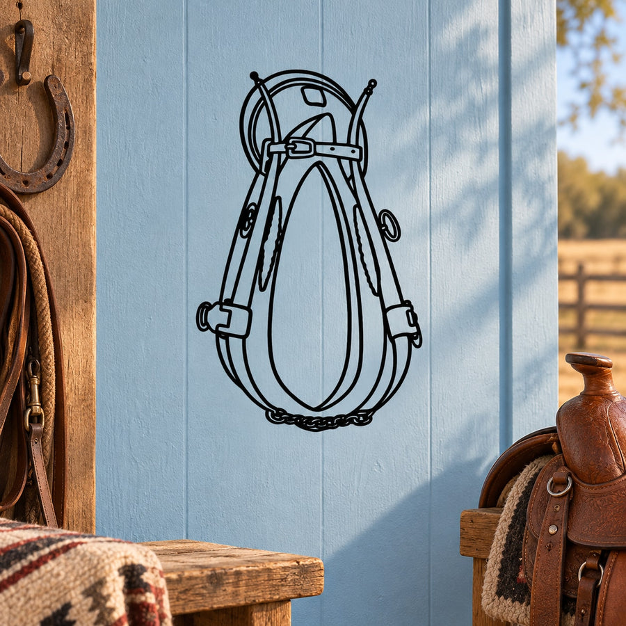 Horse stirrup decal with black line-art illustration of horse tack