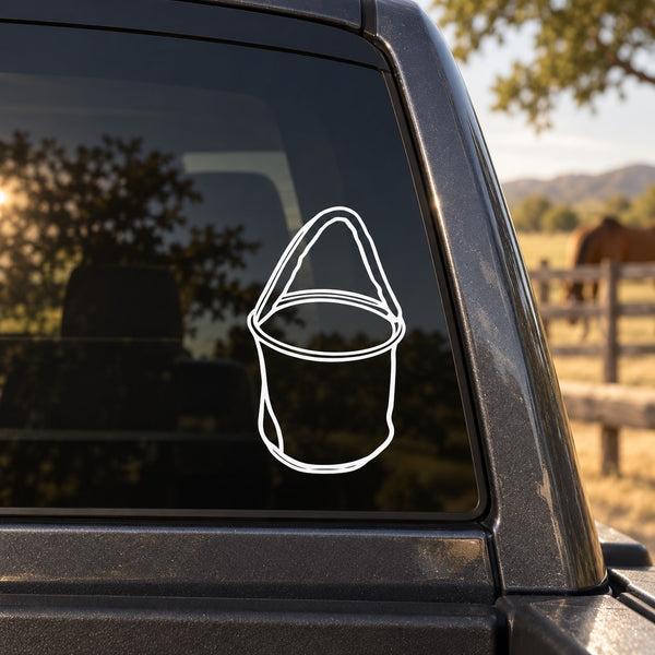 White line bucket horse decal on dark vehicle window