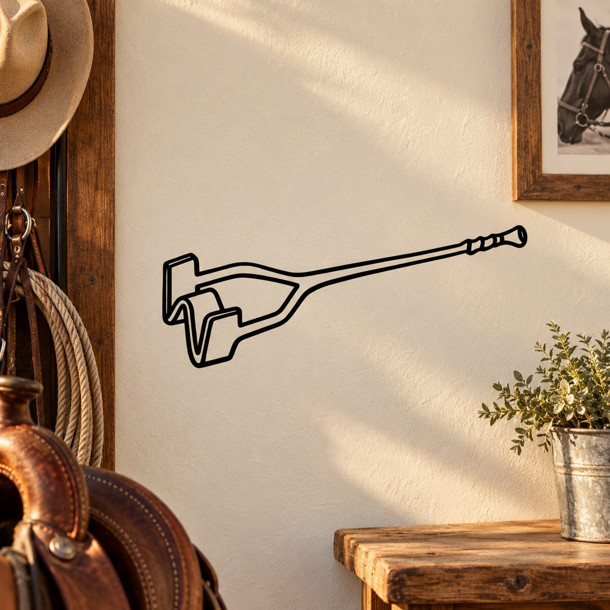 Metal branding iron wall decor silhouette with long handle and clasp
