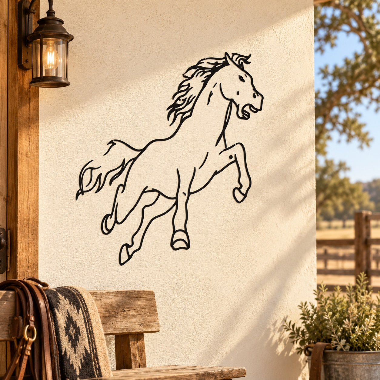 Racing stallion decal with black line art of a rearing horse