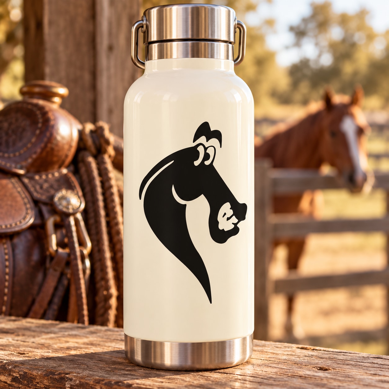 Smiling horse head decal sticker on white water bottle with stainless lid