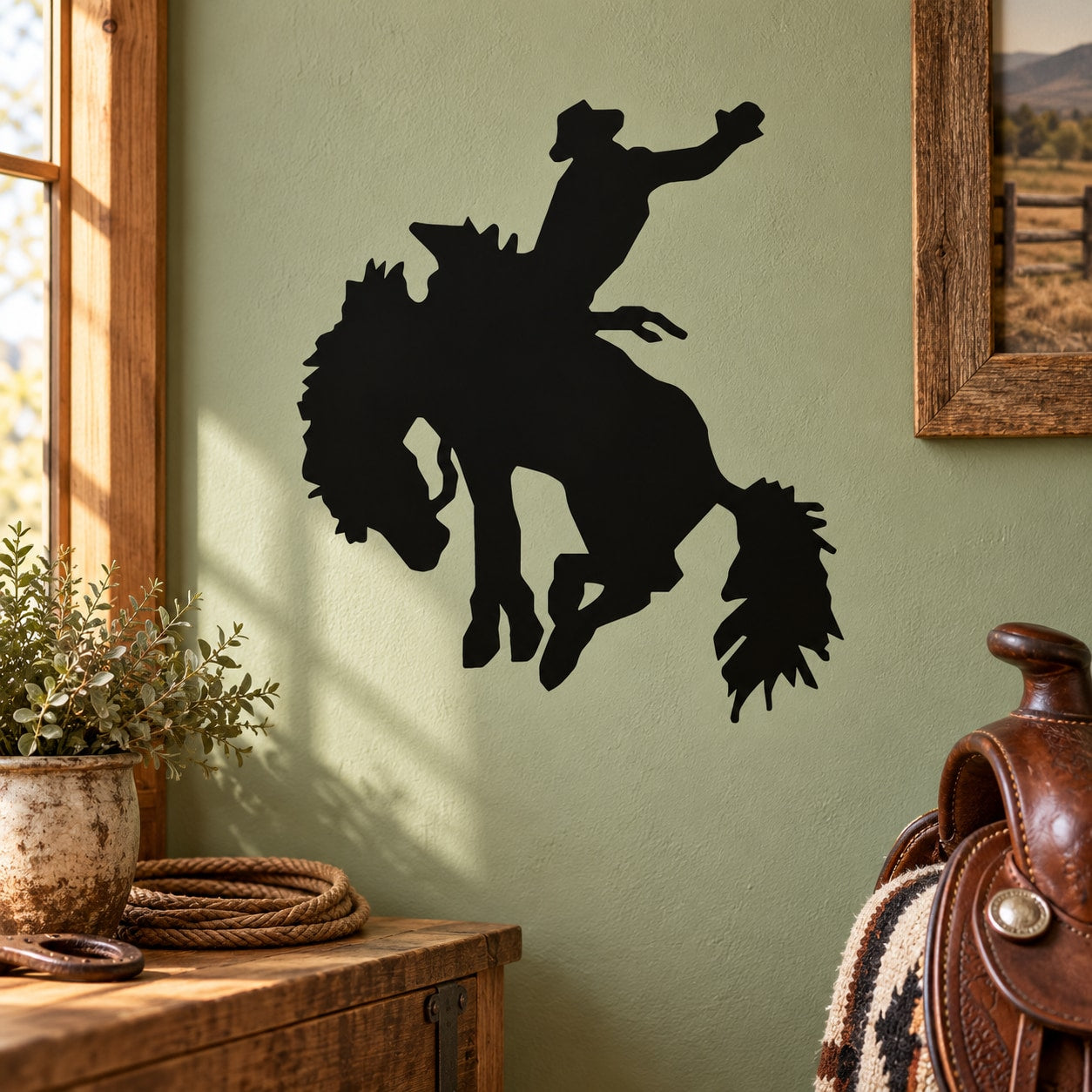 Black cowboy-on-horse jumping silhouette decal