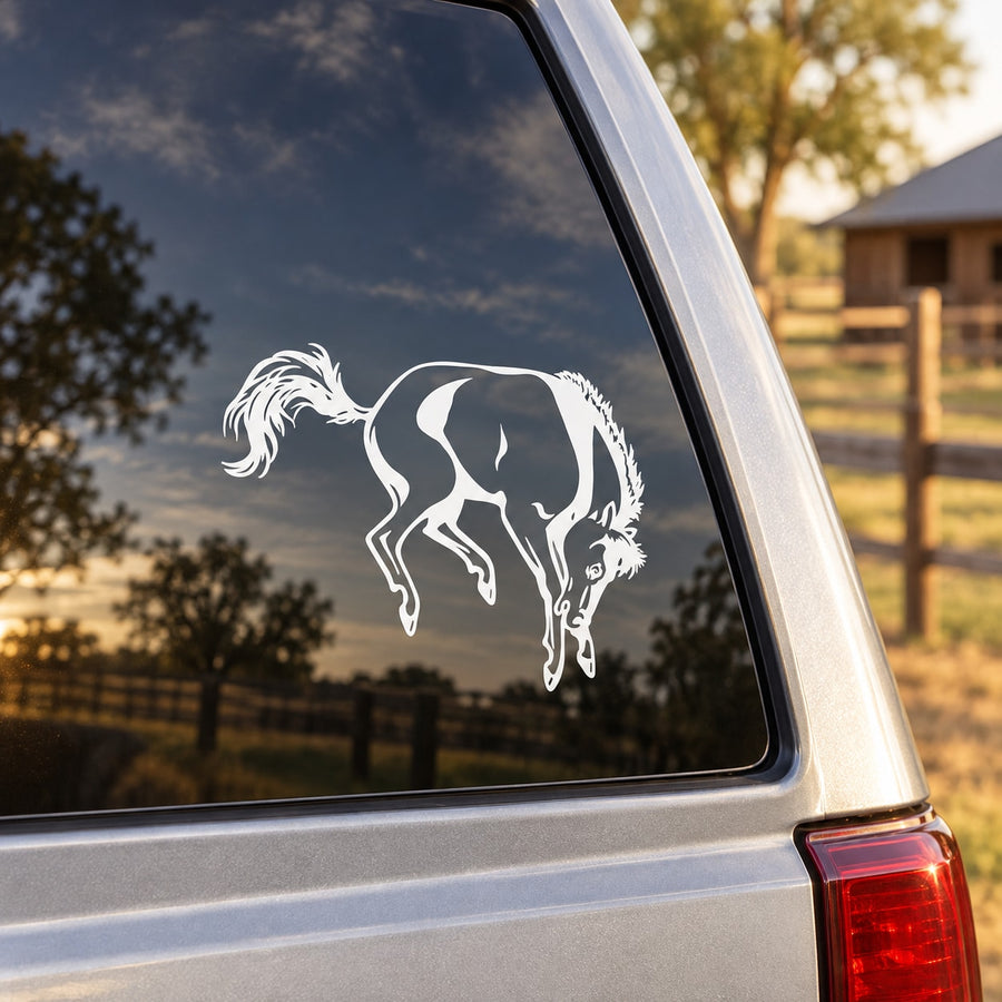 White jumping stallion vinyl decal on car window glass