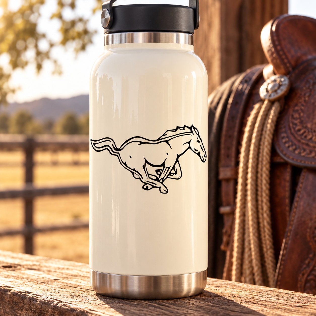 Horse charging line-art decal for bottle, black outline on white background