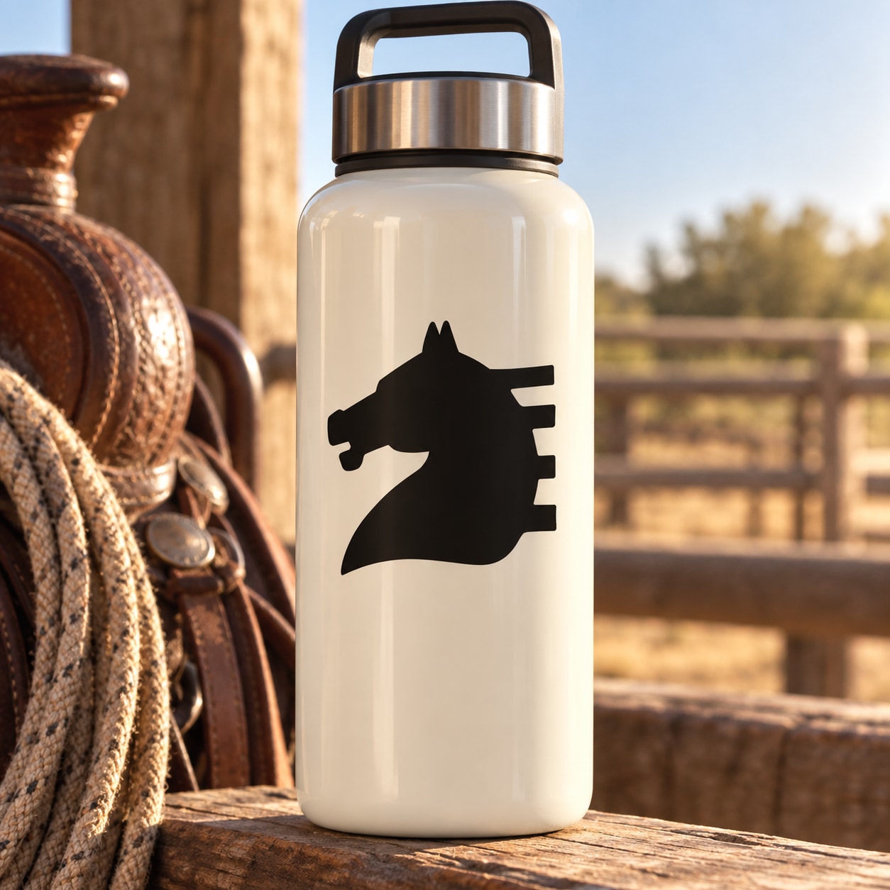 Black horse head flash decal on white water bottle