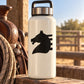 Black horse head flash decal on white water bottle