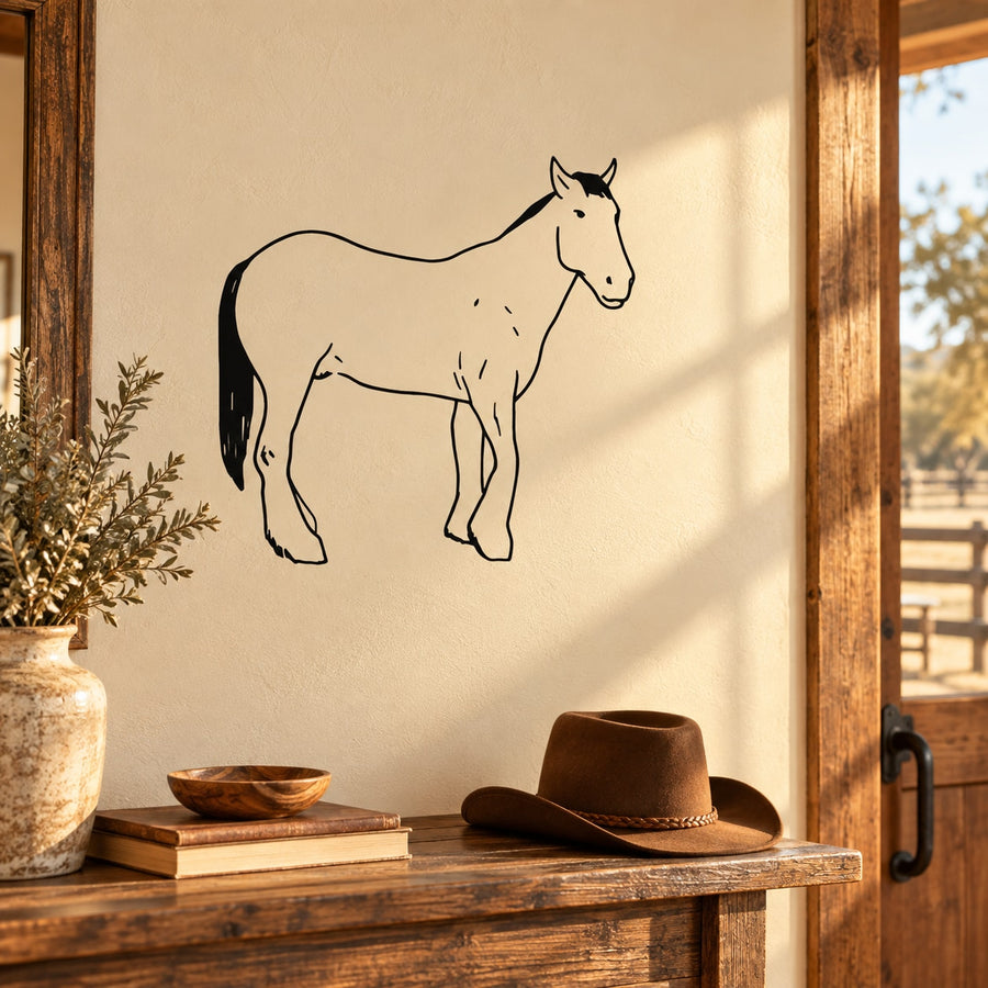Horse line-art decal, standing horse with simple black outline