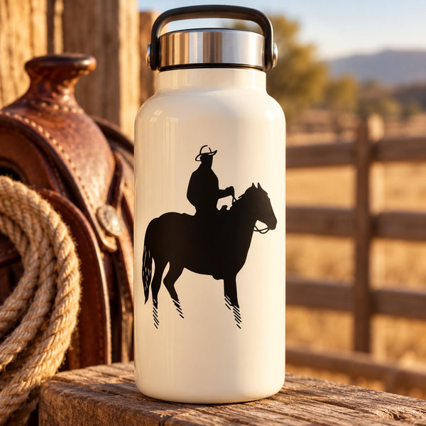 White water bottle with black western cowboy on horseback decal