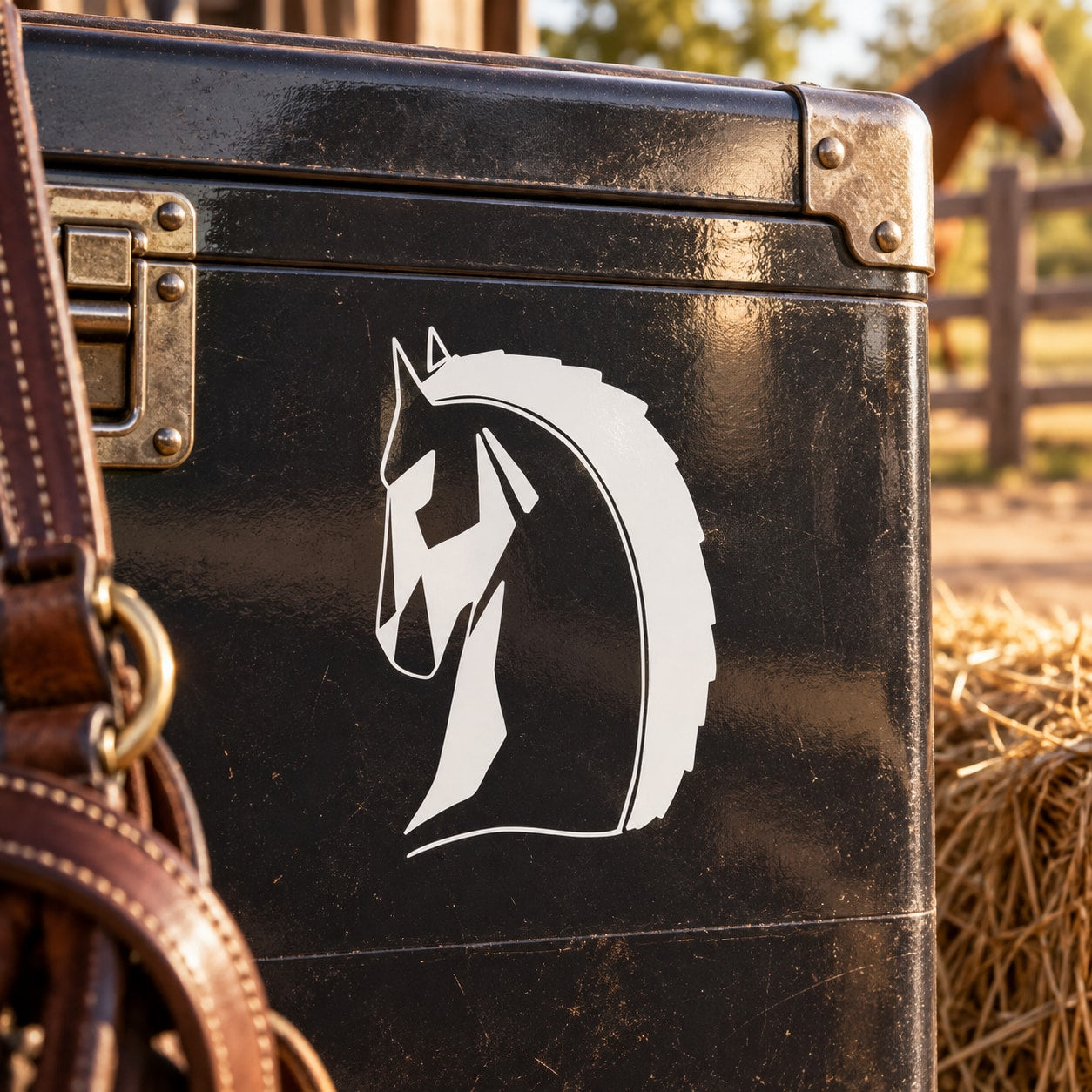 Geometric horse head decal, white angular design on dark surface
