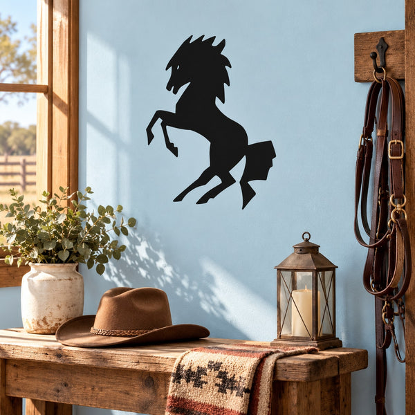 Geometric horse standing silhouette decal, black on light blue wall