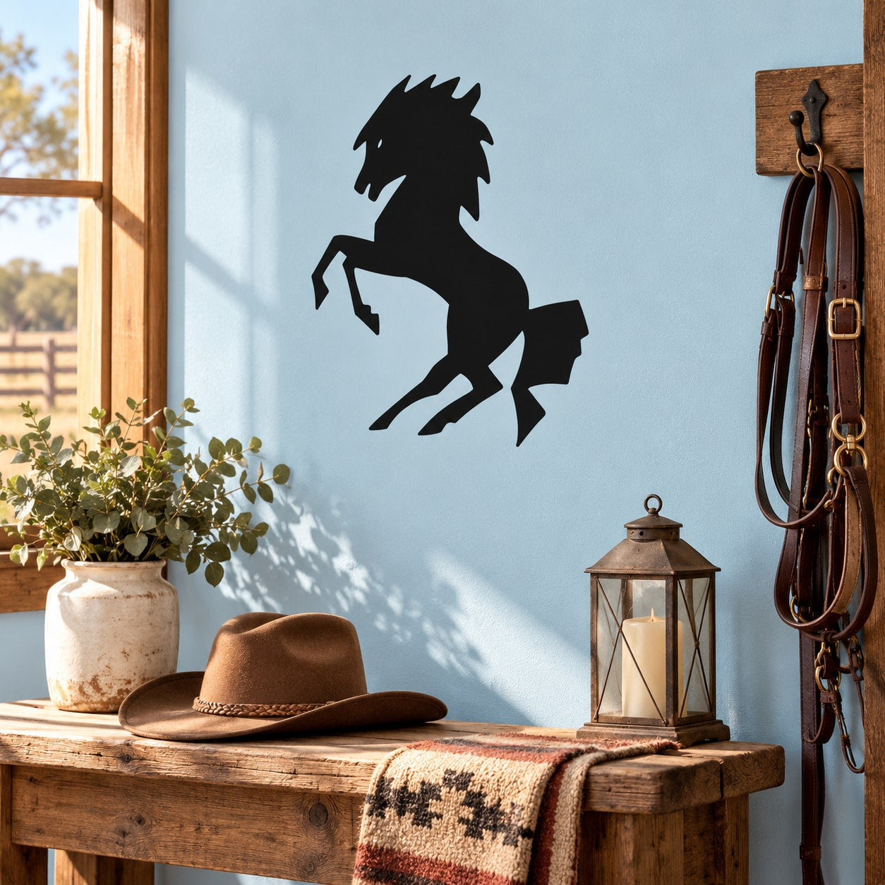 Geometric horse standing silhouette decal, black on light blue wall