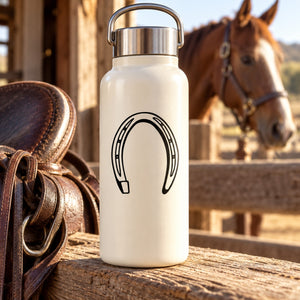 Horseshoe decal with black outline design on a white bottle