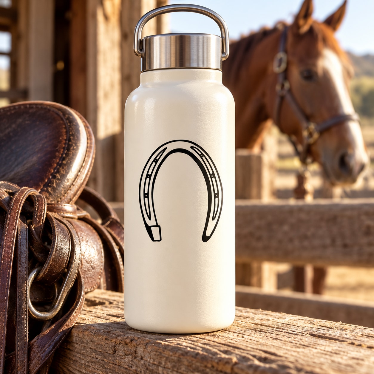 Horseshoe decal with black outline design on a white bottle