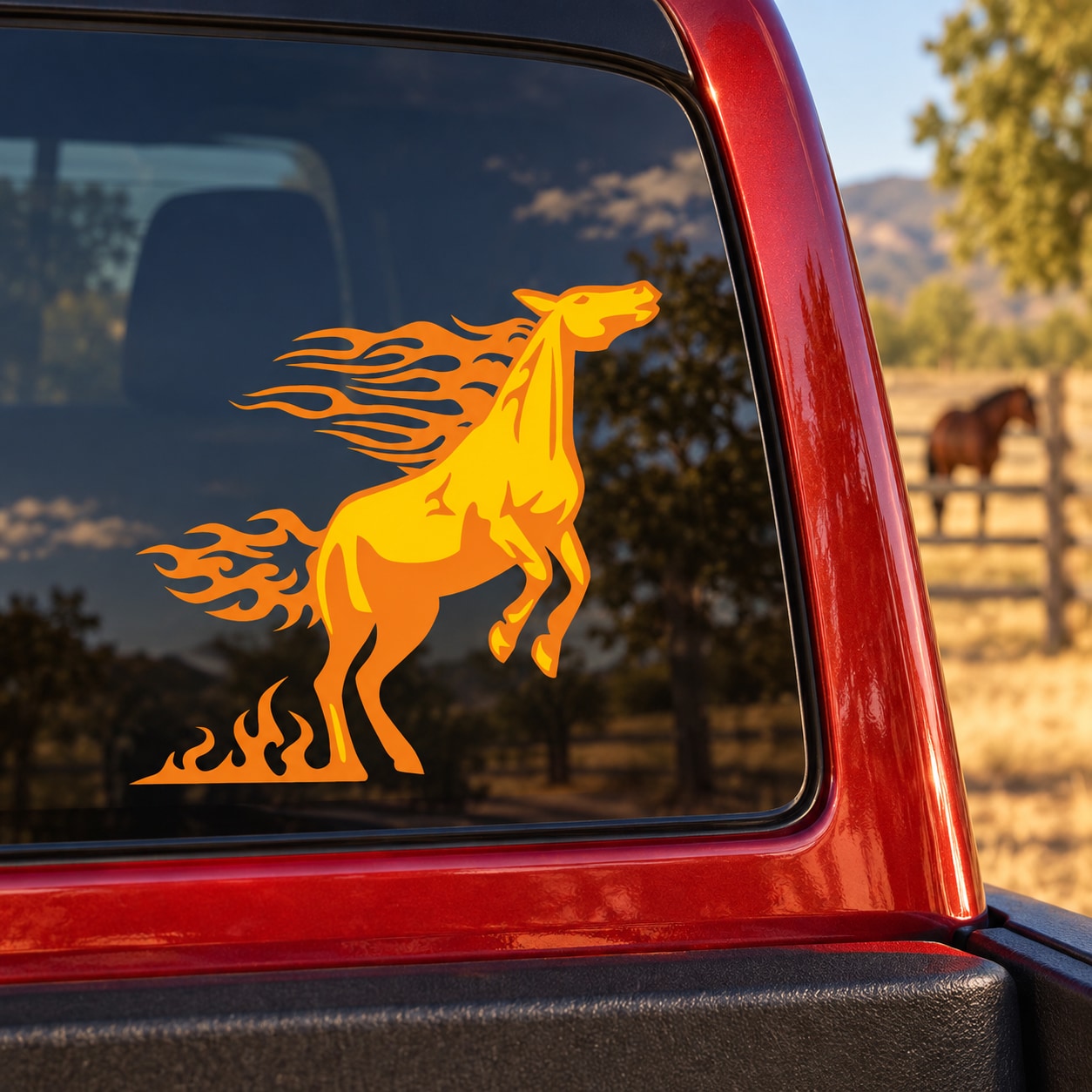 Yellow standing horse with orange flames vinyl sticker