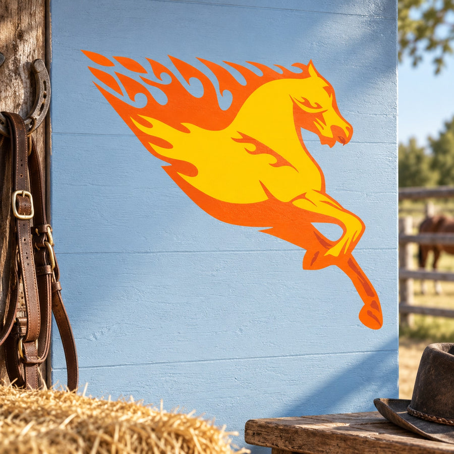 Flame horse body sticker, orange and yellow fiery horse in mid-stride silhouette