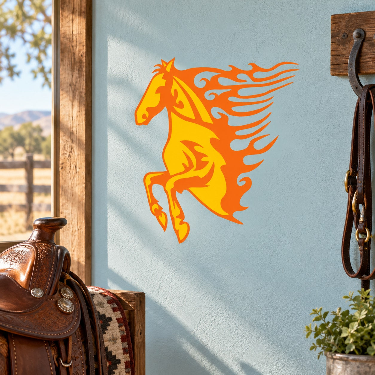 Flaming mane horse sticker: orange rearing horse with flame-style mane decal