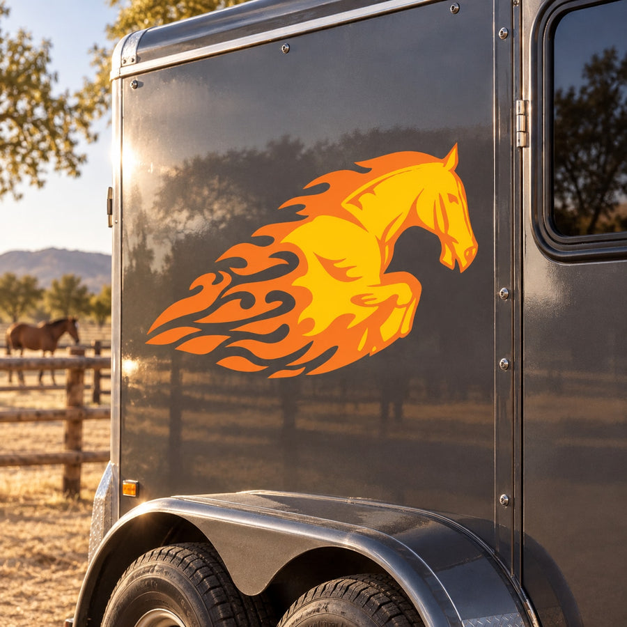Flaming horse head sticker decal in yellow and orange flames