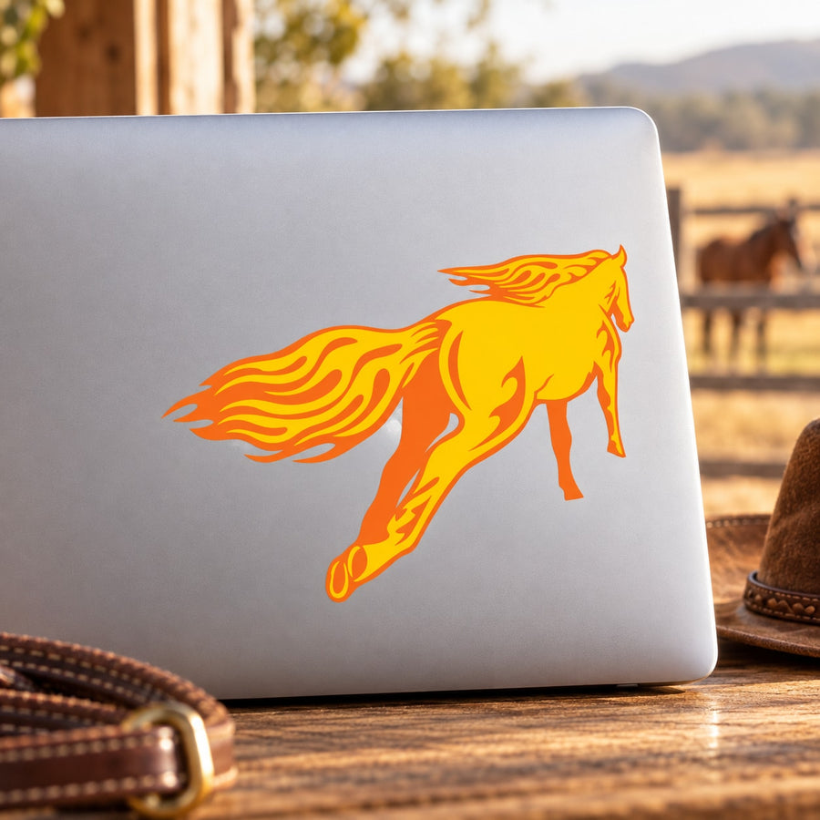 Galloping horse sticker with orange and yellow flame mane and tail