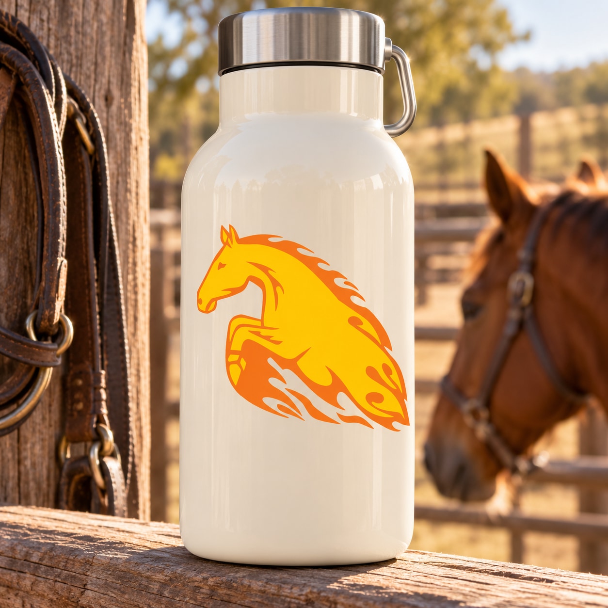 Orange leaping fire horse sticker on a white water bottle with metal carry loop