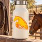 Orange leaping fire horse sticker on a white water bottle with metal carry loop