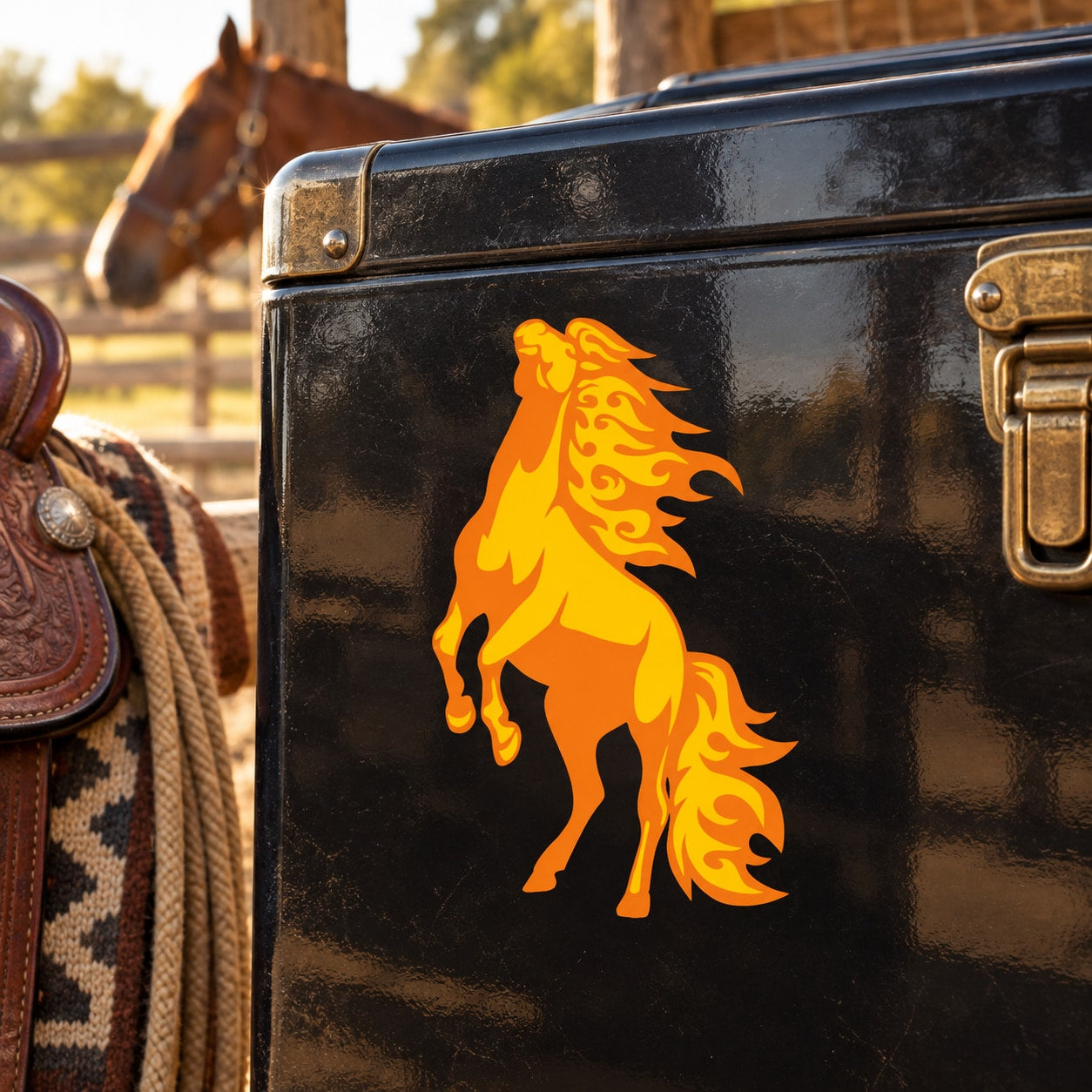 Fire mane horse sticker decal in orange and yellow on black background