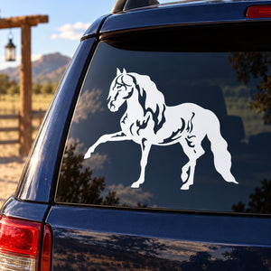 White reaching stallion vinyl car decal on dark vehicle rear window