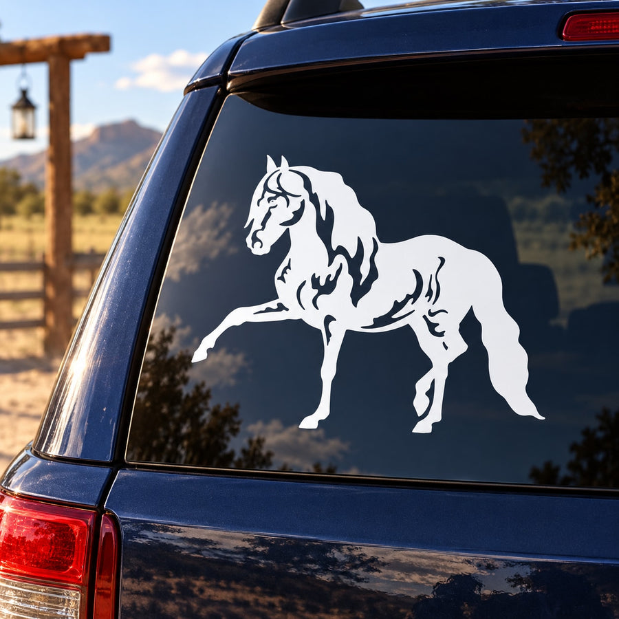 White reaching stallion vinyl car decal on dark vehicle rear window